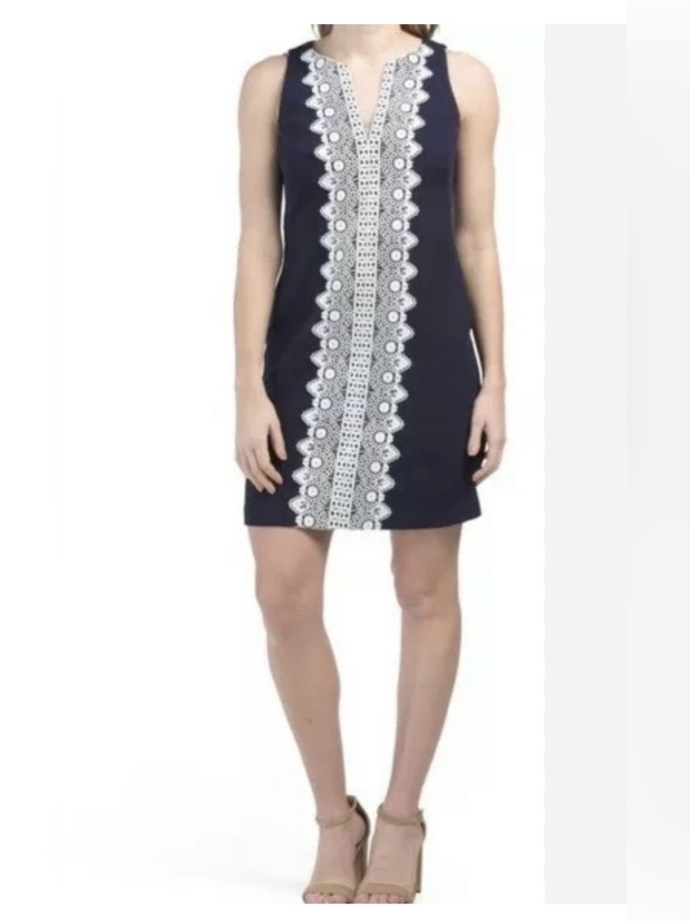 Vince Camuto Navy Blue Sleeveless Sheath Dress Embroidered Neckline